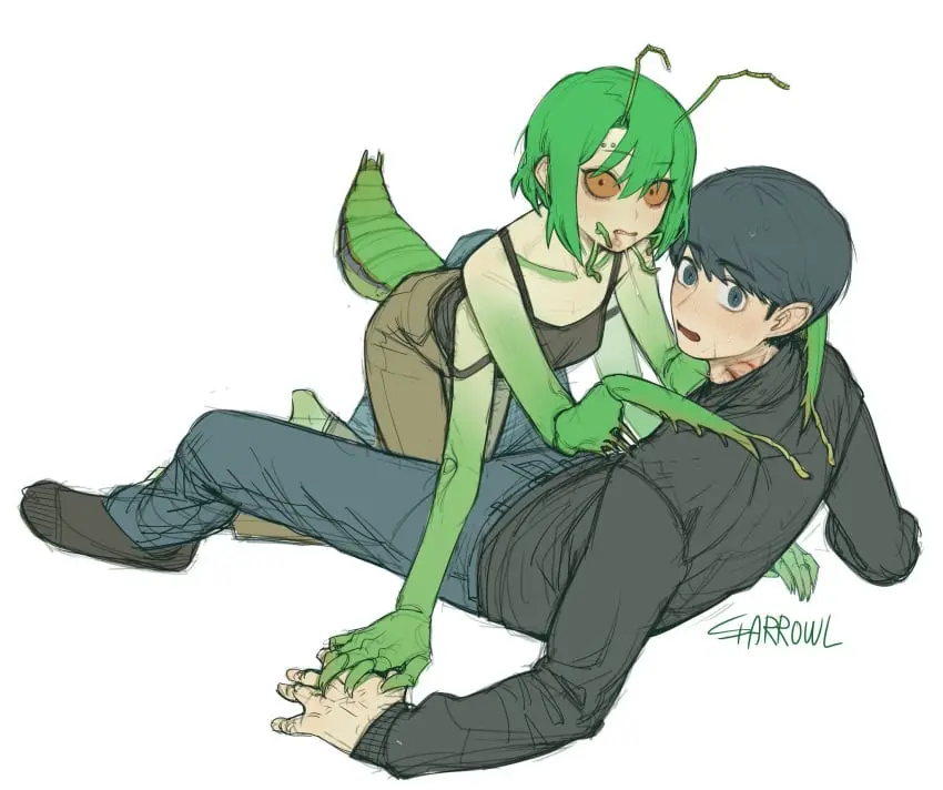 Image 1girls,female,highres,human,shirt,1boy,male,short_hair,yellow_eyes,humanoid,wings,green_skin,monster_girl,original,original_character,medium_hair,cute,green_hair,bite,bite_mark,insects,green_body,colored_skin,flat_chest,flat_chested,nature,yellow_sclera,antennae,insect_girl,carapace,injury,pincers,insect_wings,mantis,thin_neck,small_torso,brown_sclera,green_theme,mantis-chan_(sparrowl),mantis_girl,praying_mantis,sparrowl