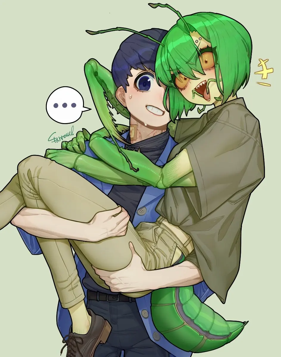 Image 1girls,female,highres,human,shirt,1boy,male,short_hair,yellow_eyes,humanoid,wings,green_skin,monster_girl,original,original_character,medium_hair,cute,green_hair,bite,bite_mark,insects,green_body,colored_skin,flat_chest,flat_chested,nature,yellow_sclera,holding_another,bite_marks,antennae,insect_girl,carapace,pincers,insect_wings,mantis,thin_neck,small_torso,brown_sclera,green_theme,mantis-chan_(sparrowl),mantis_girl,praying_mantis,sparrowl