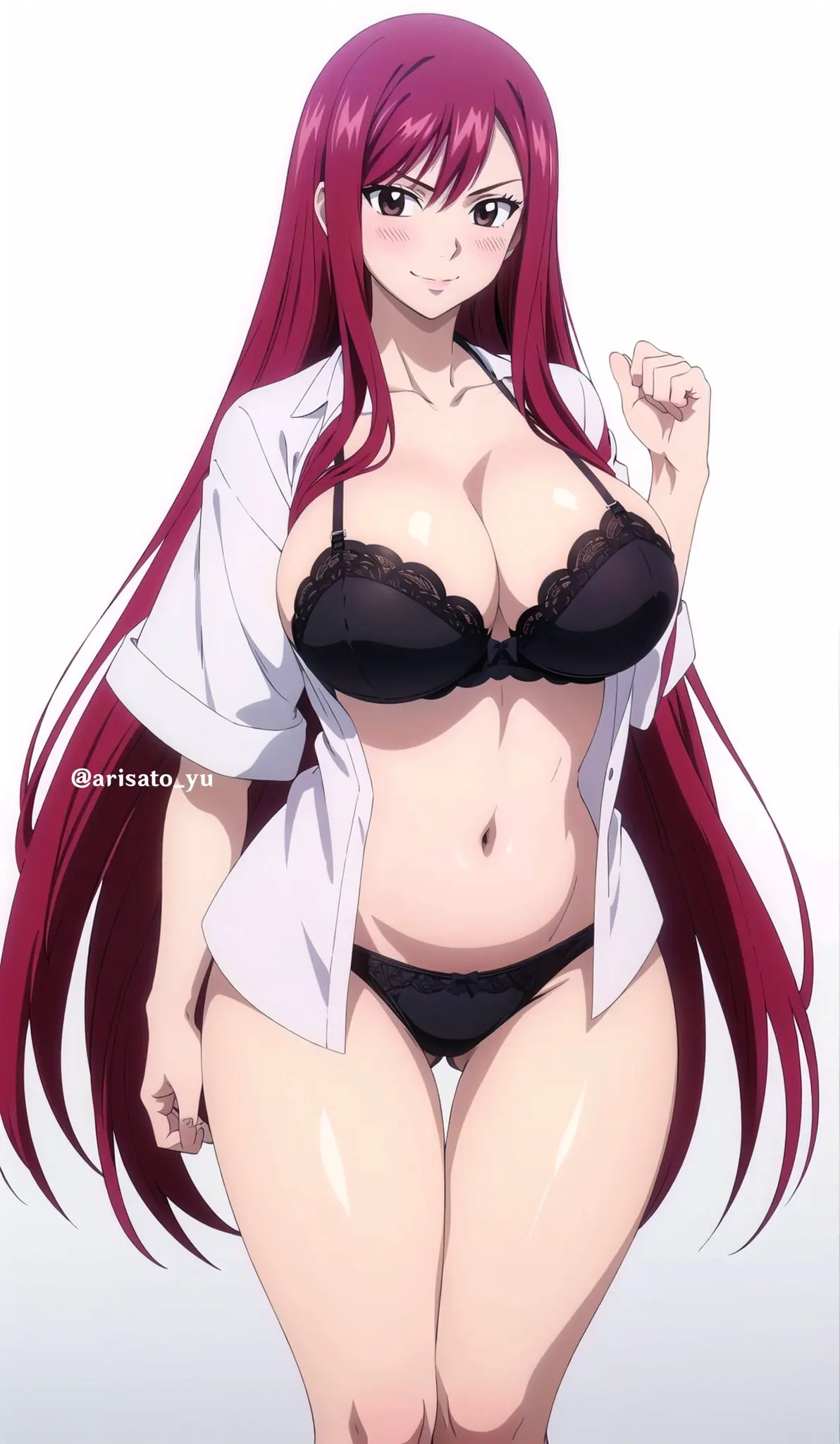 Image breasts,female,large_breasts,long_hair,solo,black_hair,red_hair,bikini,panties,ai_generated,solo_female,mature_female,black_panties,erza_scarlet,fairy_tail