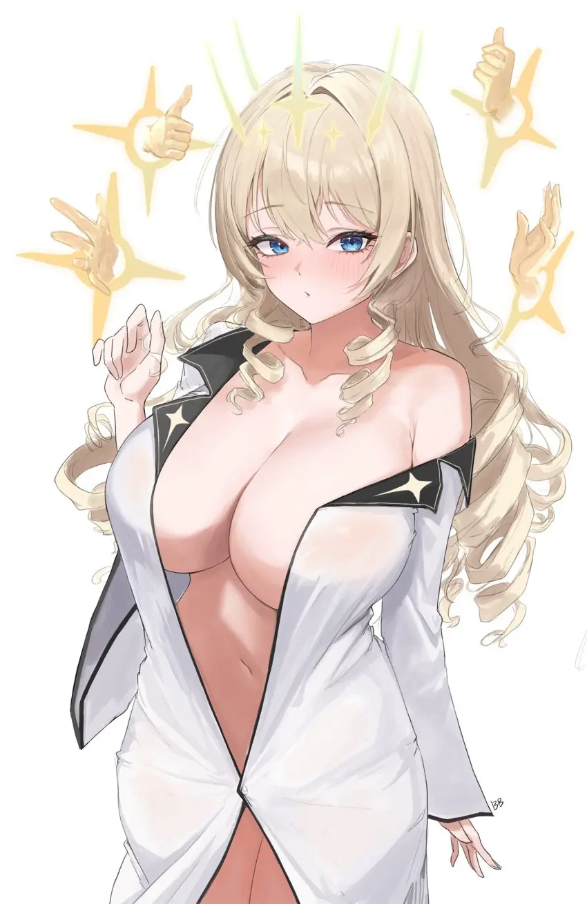 Image blush,breasts,collared_shirt,female,huge_breasts,goddess_of_victory:_nikke,disembodied_hands,signature,blushing,naked_shirt,buttons,one_arm_up,buff_bard,crown_(nikke),crown_(naked_king)_(nikke)