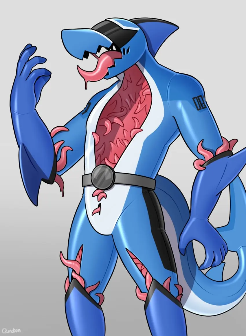 Image 2023,clothing,hi_res,solo,gloves,tail,tongue,belly,anthro,absurd_res,ambiguous_gender,tentacle,footwear,blue_body,fin,fish,marine,shark,boots,handwear,visor,tail_fin,white_belly,arm_fins,hacony,living_suit,tentacle_suit