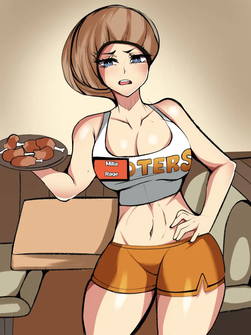 Image breasts,female,large_breasts,long_hair,wide_hips,blonde_hair,hand_on_hip,waitress,tank_top,booty_shorts,short_shorts,frustrated,upset,unhappy_female,serving_tray,name_tag,guilty_gear,hooters,millia_rage,hooters_uniform,hair_net,hyperrxgue
