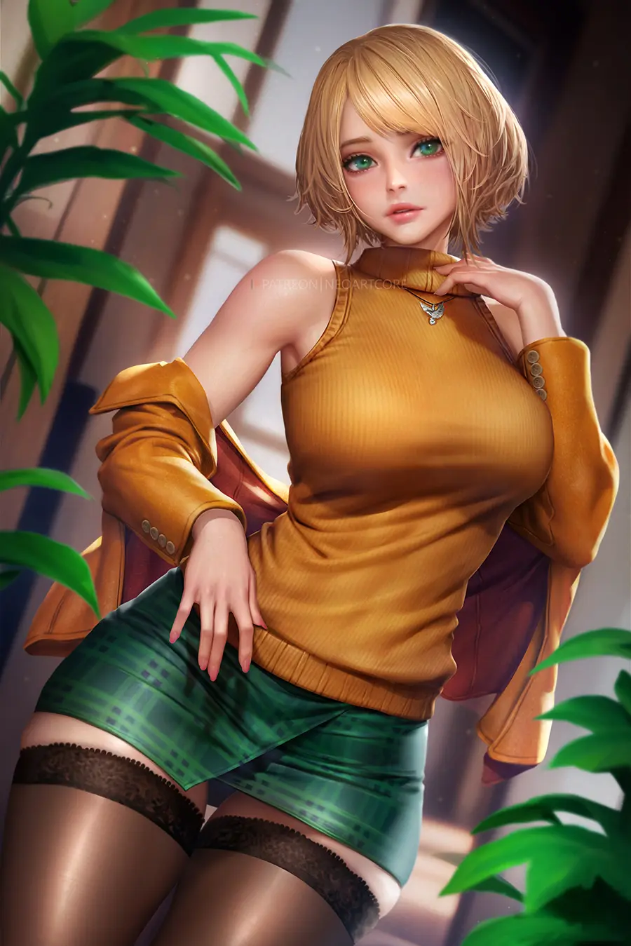 Image 1girls,breasts,clothed,clothing,female,large_breasts,light-skinned_female,light_skin,solo,short_hair,thighhighs,thighs,wide_hips,bare_shoulders,shoulders,blonde_hair,green_eyes,parted_lips,stockings,medium_hair,miniskirt,skirt,green_skirt,capcom,resident_evil,short_skirt,ashley_graham,ashley_graham_(ella_freya),ashley_graham_(brooke_elizabeth_mathieson),zettai_ryouiki,neoartcore