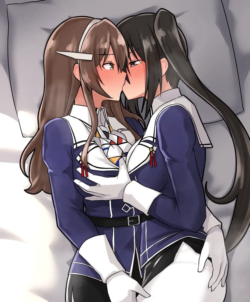 Image blush,breasts,brown_eyes,female,highres,large_breasts,long_hair,long_sleeves,2girls,black_hair,gloves,multiple_girls,bed_sheet,hairband,brown_hair,black_eyes,yuri,white_gloves,jacket,belt,black_belt,side_ponytail,kissing,pillow,military_uniform,white_hairband,uniform,kantai_collection,pantyhose,purple_jacket,white_pantyhose,furaggu_(frag_0416),ashigara_(kantai_collection),nachi_(kantai_collection)