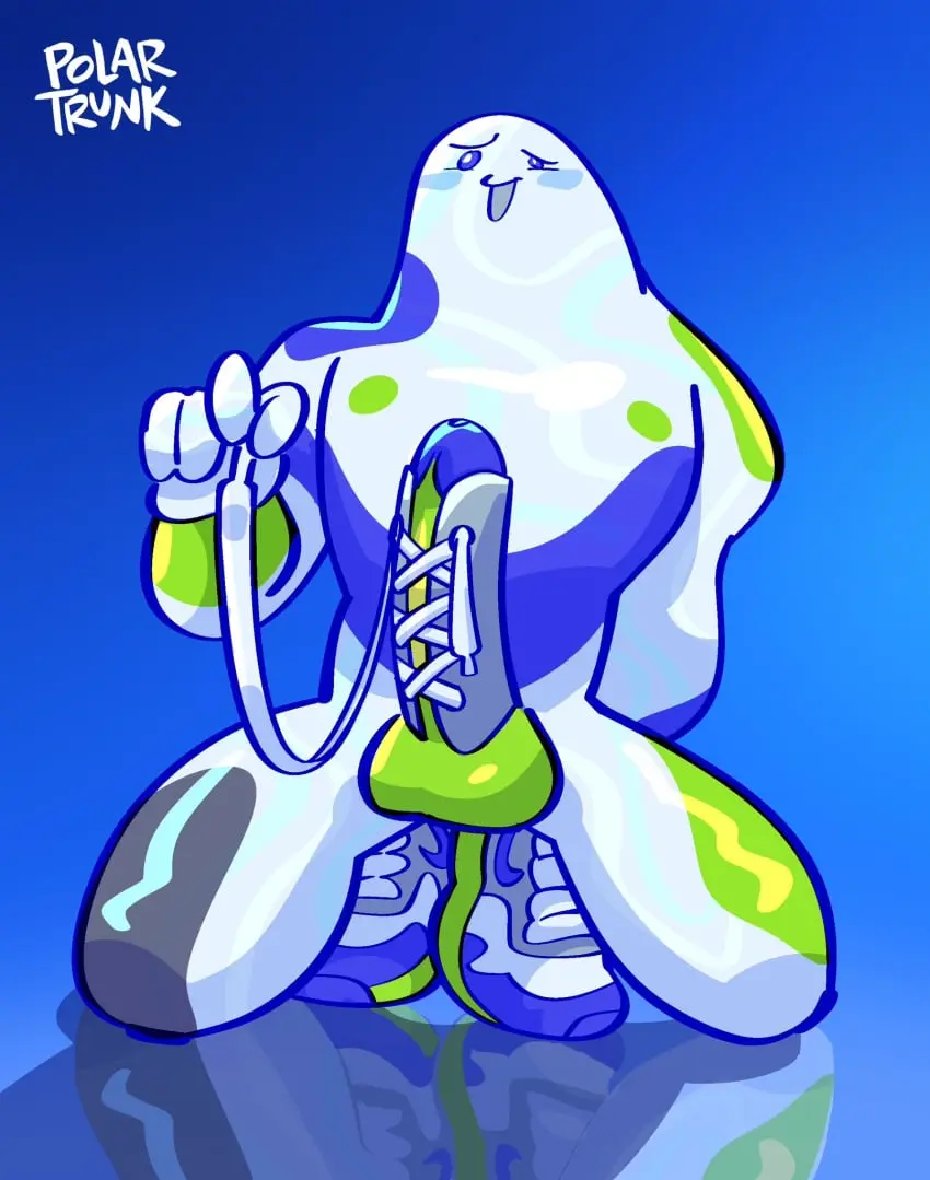 Image blush,nipples,open_mouth,solo,1boy,male,penis,humanoid,kneeling,male_only,open_smile,balls,fortnite,solo_male,non-human,epic_games,masculine,non-human_only,sneakers,shoelaces,airphorian_(fortnite),cock_shoe,polartrunk