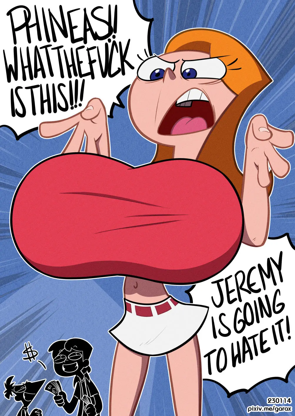 Image breasts,clothed,female,huge_breasts,breasts_bigger_than_head,gigantic_breasts,angry,angry_face,money,breast_expansion,brother_and_sister,phineas_and_ferb,unwanted,candace_flynn,garabatoz,jeremy_johnson,phineas_flynn