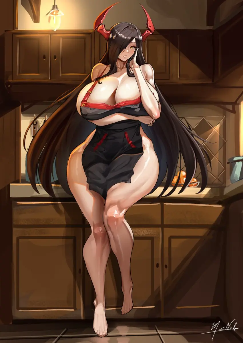 Image 1girls,breasts,female,light-skinned_female,light_skin,black_hair,thick_thighs,barefoot,wide_hips,huge_breasts,apron,signature,full_body,azur_lane,kitchen,iron_blood_(azur_lane),naked_apron,manob0028,black_apron,friedrich_der_grosse_(azur_lane)
