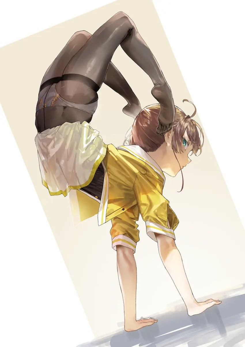 Image 1girls,female,female_only,hi_res,highres,light-skinned_female,light_skin,looking_at_viewer,solo,panties,looking_back,feet,virtual_youtuber,dutch_angle,tagme,legs,brown_hair,hololive,hololive_japan,turquoise_eyes,skirt,white_panties,exposed,looking_back_at_viewer,pantyhose,flexible,skirt_down,accidental_exposure,hololive_gen_1,contortion,scorpion_pose,kuroi_suna,panties_visible_through_clothing,handstand,walking_on_hands,natsuiro_matsuri
