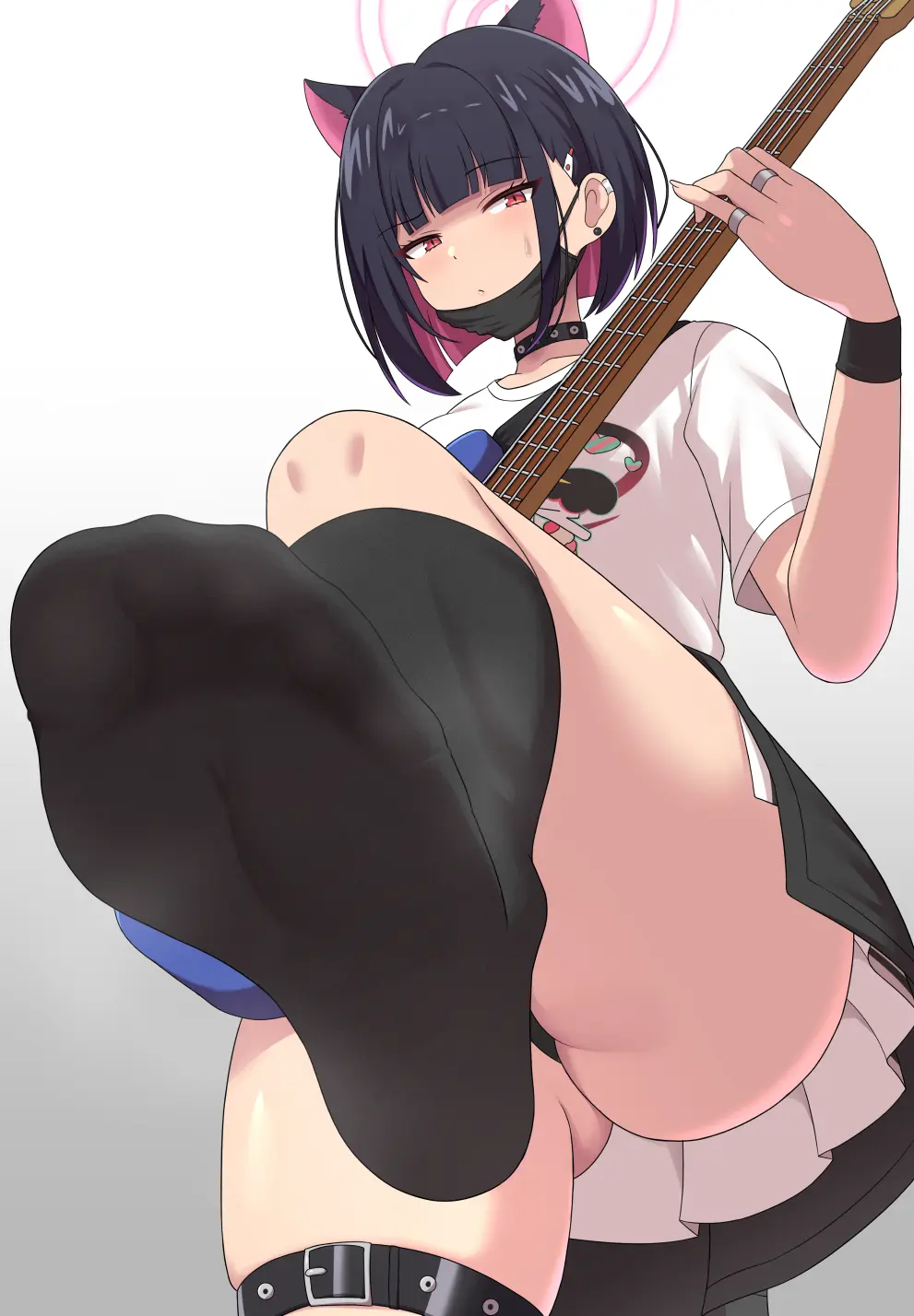Image blue_archive,ass,thick_thighs,feet,foot_fetish,pov,from_below,steam,large_ass,thigh_strap,annoyed,toes,trinity_general_school_student,upskirt,soles_of_feet_in_socks,after-school_sweets_club_(blue_archive),kazusa_(blue_archive),kazusa_(band)_(blue_archive),guitar,stepping,holding_guitar