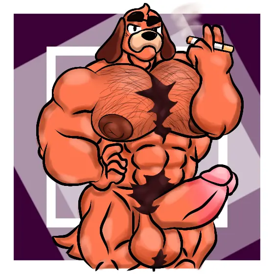 Image 1boy, male, penis, muscular, muscular_male, male_only, yaoi, balls, naked, bara, big_nipples, 5_fingers, male_focus, brawl_stars, big_muscles, animal_genitalia, animal_penis, cigarette, muscles, smoking, big_pecs, muscular_chest, dog, cigar, cocokun!, overly_muscular, colonel_ruffs, ruffs