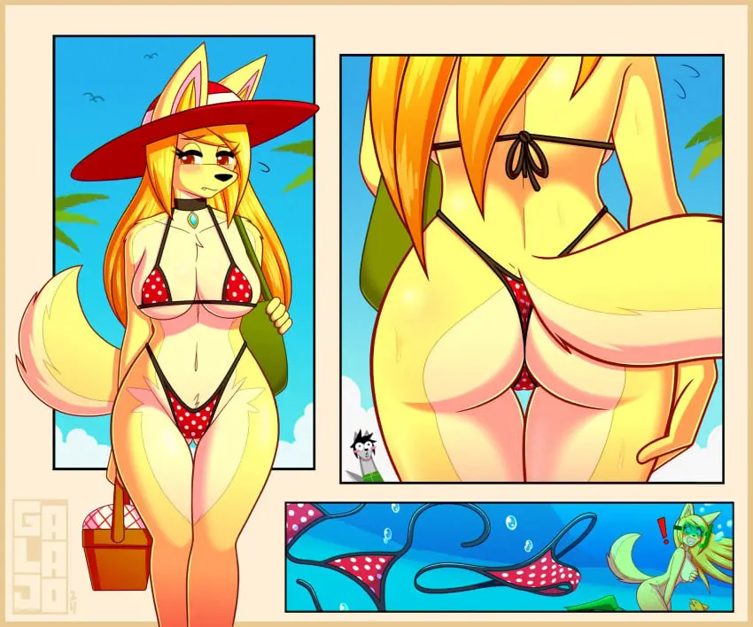 Image 1girls,big_breasts,breasts,female,female_only,tail,bikini,boobs,furry,tits,ass,big_ass,female_focus,thighs,beach,anthro,tagme,two_tone_body,two_tone_fur,wolf,yellow_body,yellow_fur,wolf_ears,wolf_tail,butt,covering,werewolf,werewolf_girl,wolf_girl,covering_breasts,covering_crotch,polka_dot,galajo,sarah_(galajo),pokadots,polka_dot_bikini