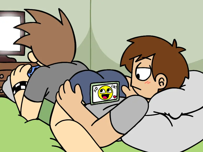 Image blush,male,ass,big_ass,big_butt,yaoi,brown_hair,gay,socks,ass_focus,ass_grab,green_background,blush_lines,meme,phone,phone_screen,laying_on_back,boxers,hands_on_ass,green_pants,laying_on_bed,game_controller,laying_on_stomach,blue_underwear,tv,grey_shirt,laying_on_person,dresser,checkered_clothing,laying_on_pillow,eddsworld,awesome_face,edd_(eddsworld),justsomedude,tom_(eddsworld),two_boys