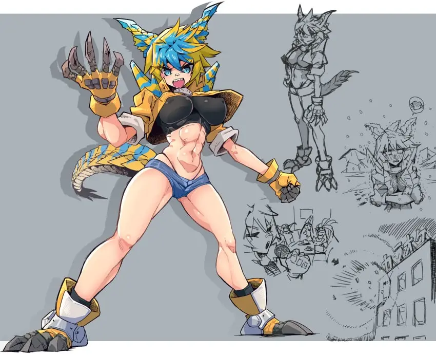 Image breasts,female,blue_eyes,short_hair,tail,horns,huge_breasts,tagme,monster_girl,claws,2024,abs,nipple_bulge,capcom,monster_hunter,dragon_horns,gijinka,jari_1986,tigrex