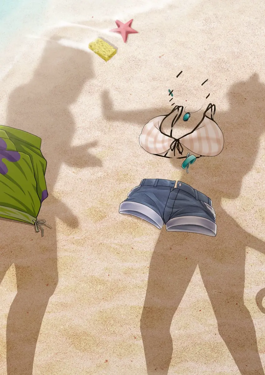 Image 1girls,female,highres,standing,1boy,animal_ears,male,penis,tail,erection,arknights,shadow,looking_at_another,sand,shorts,commission,meme,day,penis_shadow,nickelodeon,spongebob_squarepants,utage_(arknights),implied_nudity,starfish,spongebob_squarepants_(character),outstretched_arm,sea_sponge,patrick_star,doctor_(arknights),unworn_clothes,unworn_bikini_top,aariyoo,dressed_shadow_(meme),shadyoaks,unworn_shorts