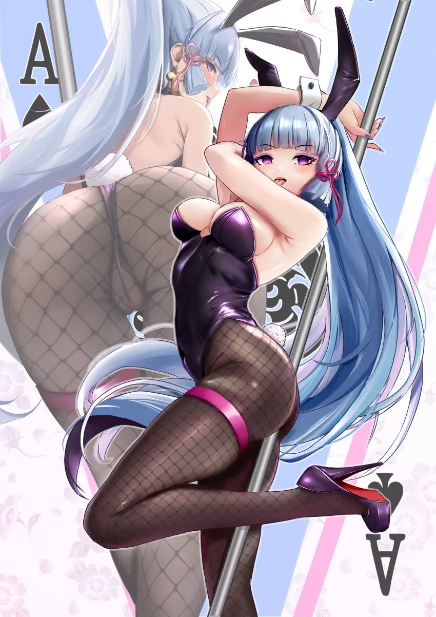 Image bow,breasts,female,highres,long_hair,looking_at_viewer,smile,solo,absurdres,animal_ears,blue_eyes,blue_hair,blunt_bangs,tail,tongue_out,tongue,ponytail,hair_ribbon,rabbit_ears,genshin_impact,high_heels,ribbon,alternate_costume,multiple_views,fishnets,playboy_bunny,leotard,fake_animal_ears,highleg,highleg_leotard,strapless,strapless_leotard,hypnosis,pantyhose,wedgie,alternate_eye_color,fake_tail,mind_control,rabbit_tail,kamisato_ayaka,wrist_cuffs,black_leotard,corruption,fishnet_pantyhose,card,pole_dancing,playing_card,ace_of_spades,spade_(shape),ace_(playing_card),perianist
