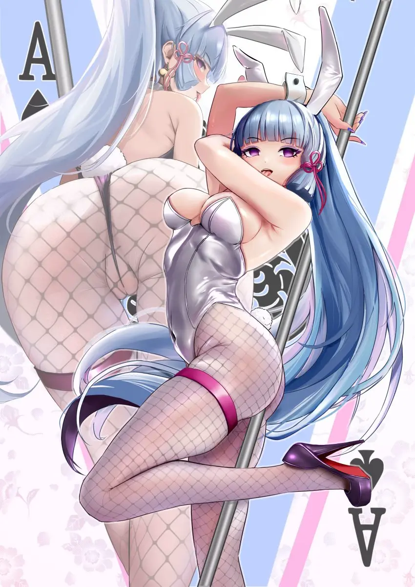 Image bow,breasts,female,highres,long_hair,looking_at_viewer,smile,solo,absurdres,animal_ears,blue_eyes,blue_hair,blunt_bangs,tail,tongue_out,tongue,ponytail,hair_ribbon,rabbit_ears,genshin_impact,high_heels,ribbon,alternate_costume,multiple_views,fishnets,playboy_bunny,leotard,fake_animal_ears,highleg,highleg_leotard,strapless,strapless_leotard,hypnosis,pantyhose,wedgie,alternate_eye_color,fake_tail,mind_control,rabbit_tail,kamisato_ayaka,wrist_cuffs,black_leotard,corruption,fishnet_pantyhose,card,pole_dancing,playing_card,ace_of_spades,spade_(shape),ace_(playing_card),perianist
