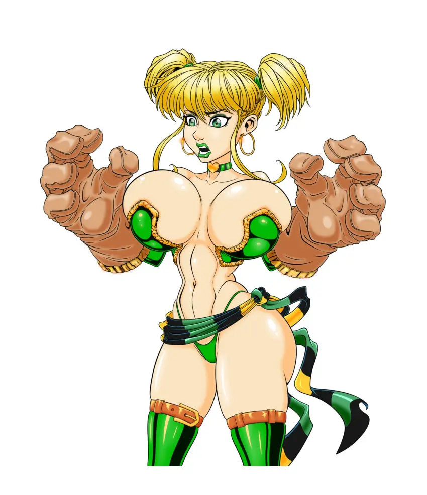 Image big_breasts,breasts,female,gloves,choker,big_ass,bubble_butt,earrings,hairband,aged_up,blonde_hair,green_eyes,twintails,eyeshadow,makeup,lipstick,thong,surprised_expression,boots,eyeliner,long_gloves,thigh_boots,green_lipstick,green_eyeshadow,bustier,green_boots,battle_chasers,gully,noriyuki83,waist_band