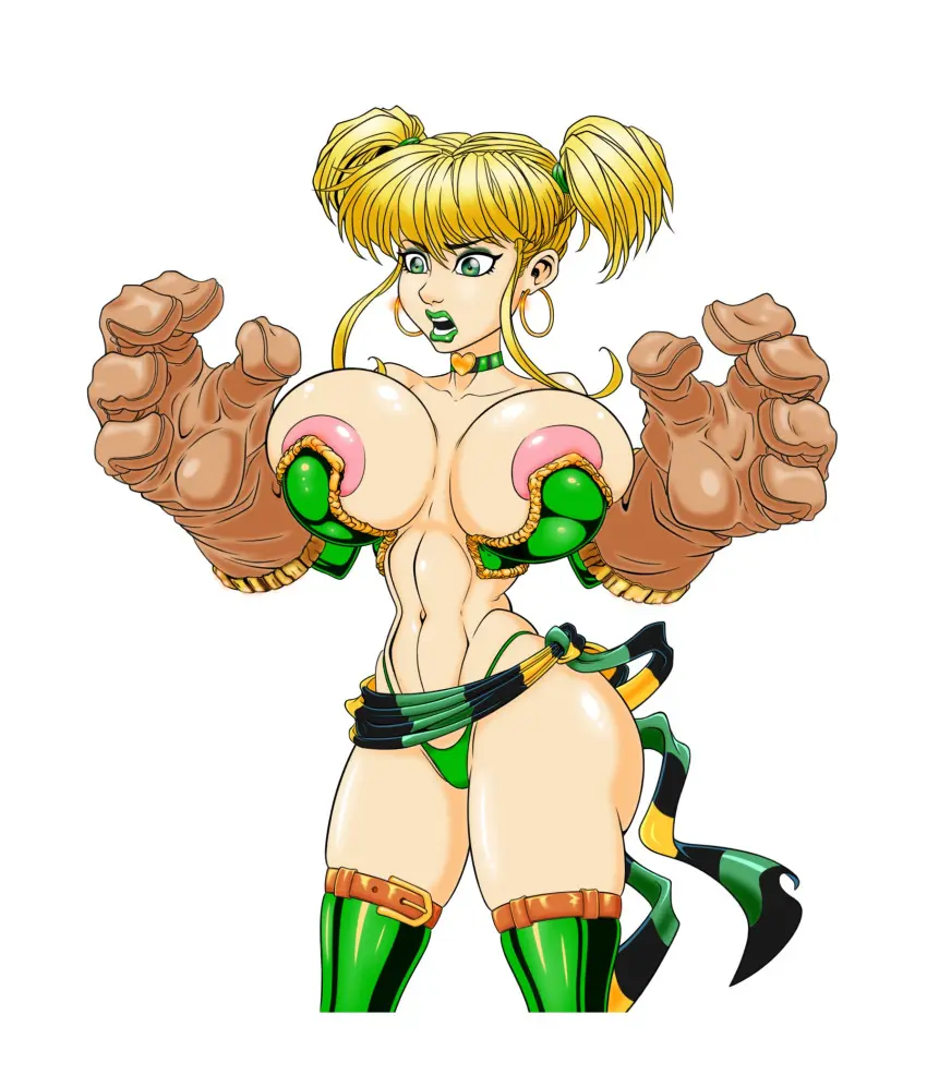 Image big_breasts,breasts,female,nipples,gloves,choker,big_ass,bubble_butt,earrings,hairband,aged_up,blonde_hair,green_eyes,twintails,eyeshadow,makeup,lipstick,thong,surprised_expression,nipples_visible_through_clothing,boots,nipple_slip,eyeliner,long_gloves,thigh_boots,green_lipstick,green_eyeshadow,bustier,green_boots,battle_chasers,gully,noriyuki83,waist_band