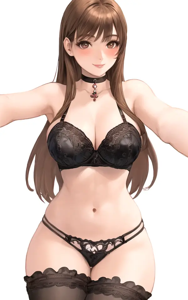 Image blush,brown_eyes,female,smile,choker,ai_generated,stable_diffusion,original_character,brown_hair,thigh_highs,black_g-string,black_bra,anylora_(ai_style)