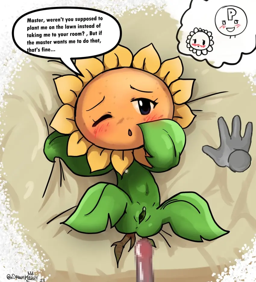 Image blush,female,hi_res,penis,pussy,bed_sheet,duo,digital_media_(artwork),one_eye_closed,censored,censored_penis,genitals,dialogue,flower,green_body,speech_bubble,plant,elemental_creature,censored_genitalia,imminent_sex,bedding,sunflower,flora_fauna,electronic_arts,plants_vs_zombies,plants_vs._zombies,popcap_games,sunflower_(pvz),flower_creature,drawskeiichi2