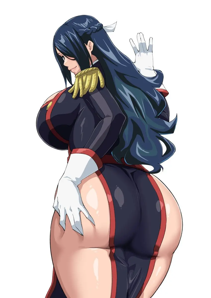 Image breasts,female,long_hair,looking_at_viewer,blue_eyes,blue_hair,gloves,looking_back,voluptuous,hair_over_one_eye,milf,huge_breasts,voluptuous_female,braid,large_ass,mommy,hand_on_butt,hand_on_ass,presenting_ass,pelvic_curtain,iwao178,mato_seihei_no_slave,anti-demon_corps_uniform,azuma_fubuki