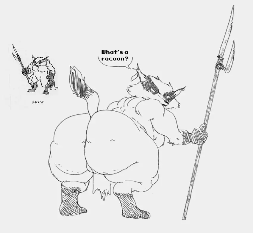 Image clothing,female,solo,tail,ass,big_butt,huge_butt,thick_thighs,wide_hips,solo_focus,anthro,text,monochrome,mammal,dialogue,raccoon,speech_bubble,weapon,fan_character,mostly_nude,tribal,bottomwear,procyonid,bethesda_softworks,fallout,microsoft,melee_weapon,no_pupils,loincloth,polearm,spear,cellulite,no_artist_signature,olozva,bent_legs,fallout_1,mutants,s'lanter