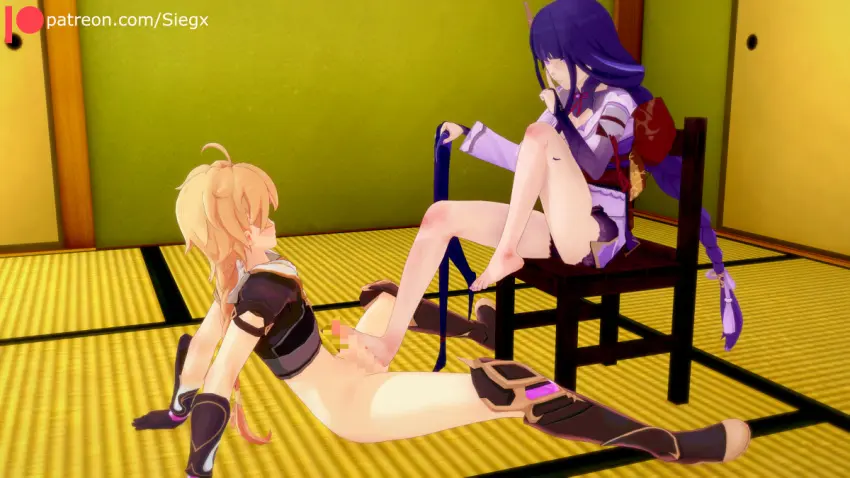 Image 1girls,female,1boy,male,straight,genshin_impact,3d,aether_(genshin_impact),femdom,footjob,raiden_shogun,mihoyo,hoyoverse,sieghx