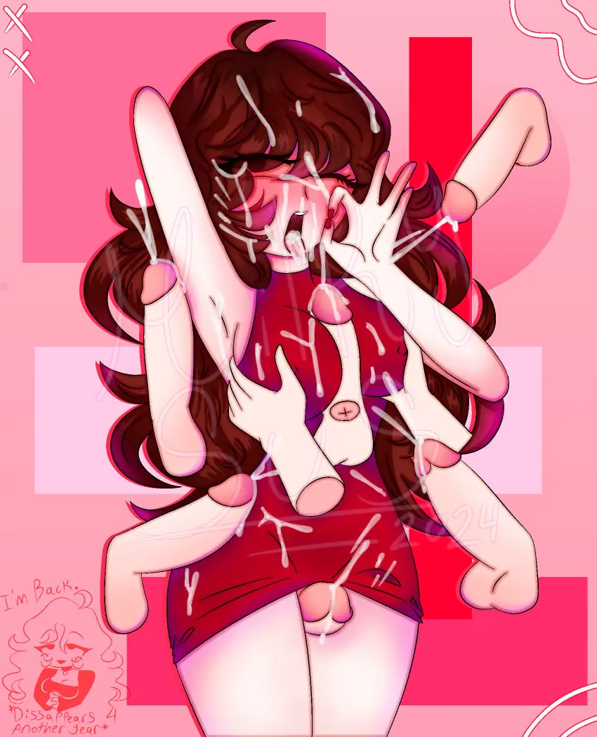 Image 1girls,breasts,female,simple_background,cum,penis,straight,female_focus,tagme,penis_between_breasts,multiple_penises,cumming,disembodied_penis,disembodied_hands,english,eyes_closed,penis_between_thighs,milkysus