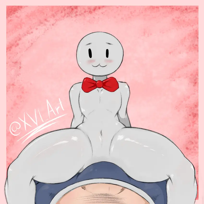 Image female,light_skin,shiny_skin,simple_background,1boy,male,navel,penis,underwear,ass,thick_thighs,thighs,cowgirl_position,size_difference,light-skinned_male,ambiguous_gender,pubic_hair,self_upload,bulge,:3,white_body,signature,bowtie,plushie,doll,voices_of_the_void,xvi,eternitydev,keljoy
