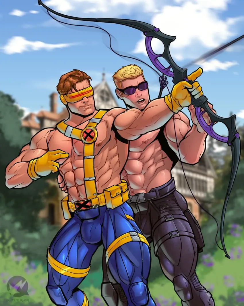Image bow,human,human_only,light_skin,pants,male,muscular,muscular_male,2boys,male/male,male_only,yaoi,light-skinned_male,blonde_hair,brown_hair,outdoors,outside,boner,marvel,marvel_comics,x-men,blitzturner,arrow,avengers,cyclops_(x-men),scott_summers,clint_barton,hawkeye