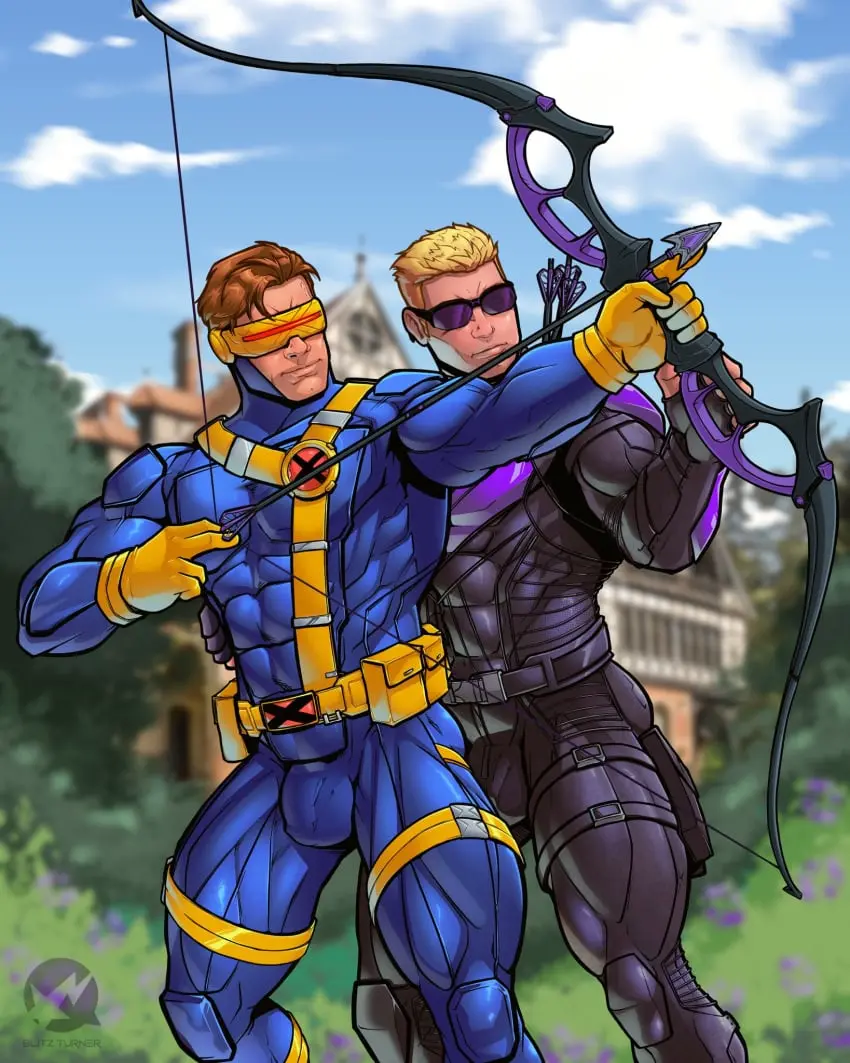 Image male,2boys,male_only,blonde_hair,outside,marvel,marvel_comics,x-men,arrow,avengers,cyclops_(x-men),scott_summers,clint_barton,hawkeye