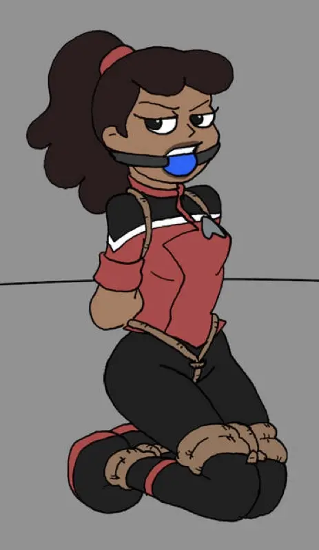 Image 1girls,clothed,clothing,female,human,black_hair,colored,ponytail,dark_skin,clothed_female,color,dark-skinned_female,helpless,restrained,captured,defeated,bad_end,bondage,ball_gag,gag,gagged,restraints,black_shoes,black_pants,rope,gagged_female,defeat,rope_bondage,rope_harness,glaring,red_shirt,captured_heroine,defeated_heroine,glare,glaring_at_viewer,damsel_in_distress,captured_girl,crotch_rope,star_trek,helpless_girl,beckett_mariner,star_trek_lower_decks,helpless_superheroine,bad_ending,beckett,damselindistress
