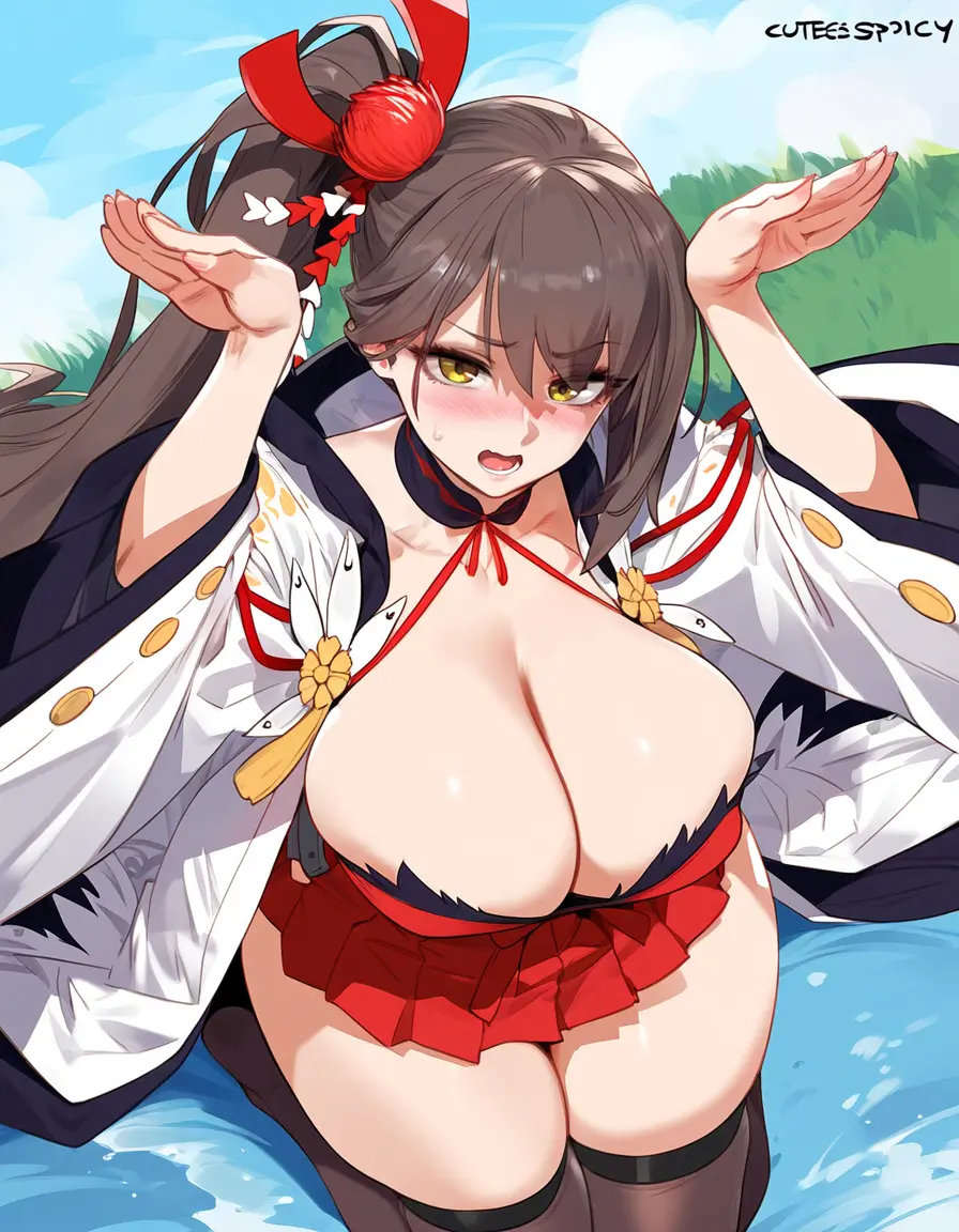Image 1girls,big_breasts,blush,breasts,female,female_only,hair_ornament,large_breasts,black_legwear,yellow_eyes,female_focus,thick_thighs,thighs,embarrassed,ai_generated,huge_breasts,enormous_breasts,brown_hair,red_dress,side_ponytail,azur_lane,zuikaku_(azur_lane)