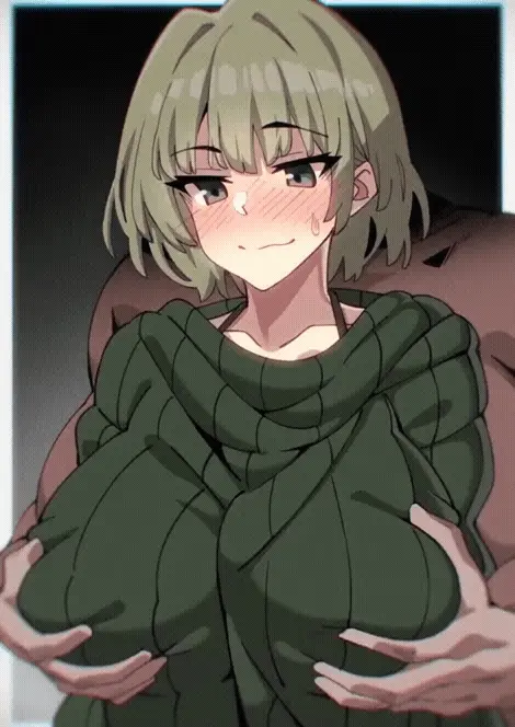 Image 1girls,blush,breasts,female,light-skinned_female,light_skin,1boy,male,sweat,bra,2d,green_eyes,green_hair,animated,breast_grab,gif,groping,sweater,blush_lines,blushing,2d_animation,bra_strap,animated_image,akina-chan,buckethead_ero