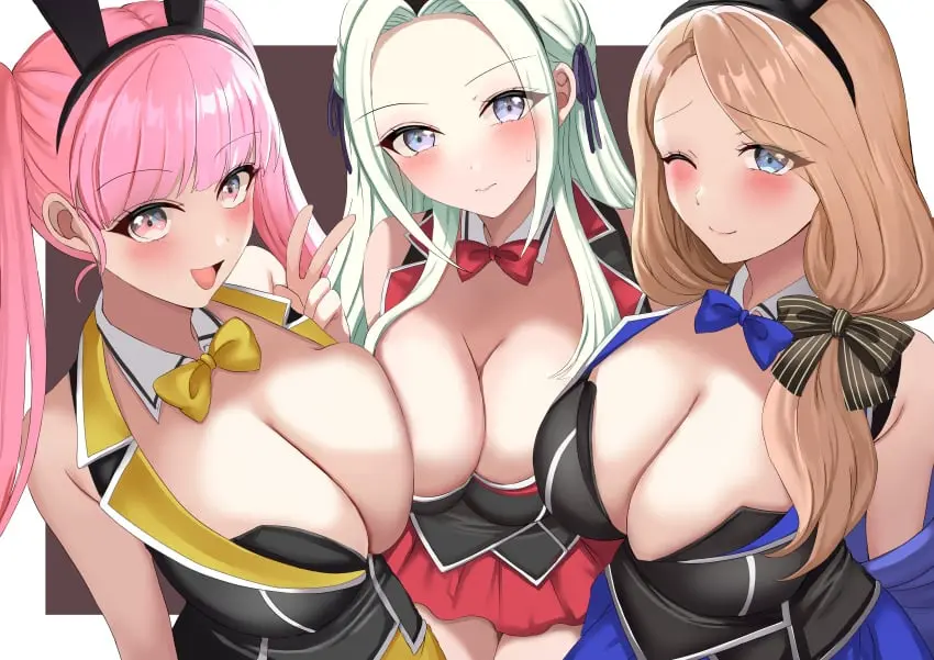 Image bow,breasts,female,female_only,hairbow,highres,large_breasts,long_hair,looking_at_viewer,open_mouth,smile,white_hair,absurdres,animal_ears,blue_eyes,multiple_girls,cleavage,hairband,pink_hair,blonde_hair,pink_eyes,one_eye_closed,purple_eyes,bunny_ears,bunny_girl,rabbit_ears,nintendo,closed_mouth,alternate_breast_size,asymmetrical_docking,breast_press,alternate_costume,fire_emblem,fire_emblem:_three_houses,hilda_valentine_goneril,bunnysuit,playboy_bunny,3girls,tara_(szzj7733),fake_animal_ears,edelgard_von_hresvelg,low-tied_long_hair,cosplay,v,bowtie,black_hairband,red_bowtie,red_bow,pink_bow,blue_bow,bunny_garden,kana_(bunny_garden),blue_bowtie,pink_bowtie,rin_(bunny_garden),miuka_(bunny_garden),mercedes_von_martritz,kana_(bunny_garden)_(cosplay),miuka_(bunny_garden)_(cosplay),rin_(bunny_garden)_(cosplay)