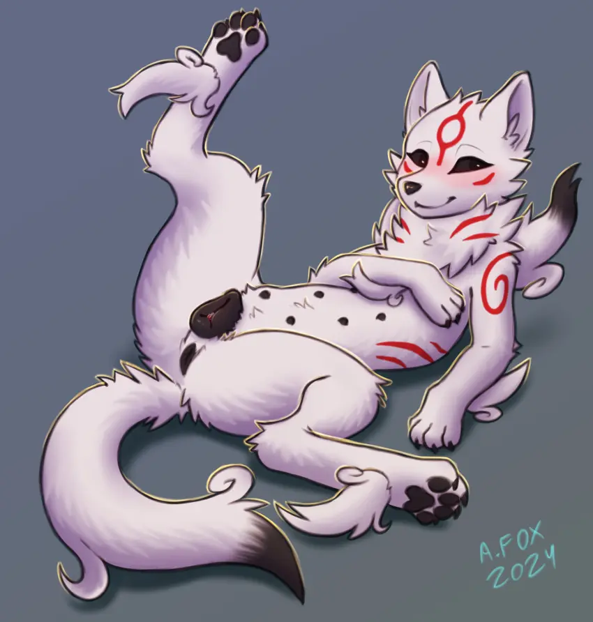 Image blush,female,hi_res,nipples,smile,solo,pussy,lying,on_back,anus,absurd_res,presenting,canine,genitals,animal_genitalia,canine_genitalia,feral,presenting_pussy,animal_pussy,pawpads,capcom,canine_pussy,multi_nipple,mr.albafox,amaterasu,clover_studio,okami,okami_(capcom)