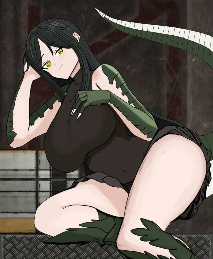 Image blush,breasts,female,highres,large_breasts,long_hair,solo,absurdres,black_hair,sidelocks,tail,yellow_eyes,bare_shoulders,midriff,monster_girl,skirt,scales,scp_foundation,lizard_tail,scp-682,arm_on_own_head,reptile_girl,reptilia_queen,scp-682_(reptilia_queen)