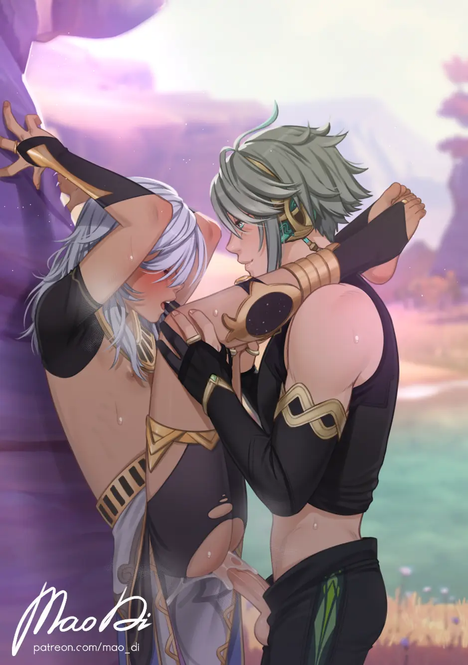 Image blush,clothing,grey_hair,nipples,open_mouth,pants,white_hair,cum,male,tongue,feet,2boys,cum_in_ass,femboy,male/male,male_only,yaoi,accessory,cum_inside,green_eyes,legs,feet_up,closed_eyes,gay,genshin_impact,genital_fluids,genitals,male_penetrating,leg_up,legwear,torn_clothes,male_penetrating_male,torn_clothing,alhaitham_(genshin_impact),against_wall,mao_di,cyno_(genshin_impact)
