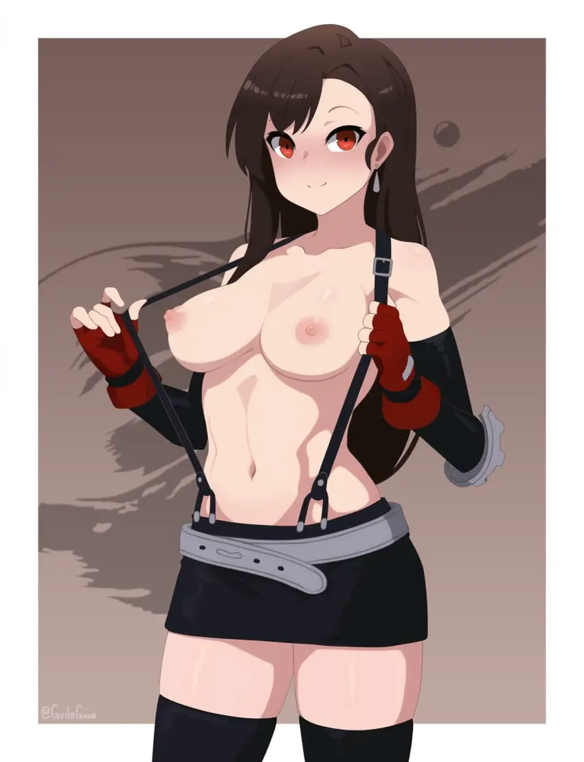 Image breasts,cowboy_shot,female,highres,large_breasts,long_hair,looking_at_viewer,red_eyes,smile,solo,suspenders,very_long_hair,absurdres,gloves,navel,thighhighs,earrings,ai_generated,collarbone,jewelry,brown_hair,topless,miniskirt,skirt,closed_mouth,final_fantasy,final_fantasy_vii,final_fantasy_vii_remake,tifa_lockhart,stomach,belt,fingerless_gloves,ai_assisted,red_gloves,black_thighhighs,black_skirt,border,white_border,elbow_pads,guilegaze,suspender_skirt