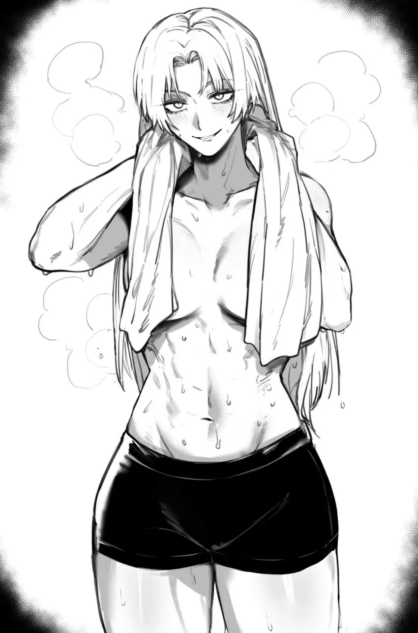 Image blush,breasts,breasts_out,female,sweat,thick_thighs,thighs,belly,blonde_hair,sweatdrop,shorts,towel,jujutsu_kaisen,yuki_tsukumo,towel_around_neck,manga,masoq095