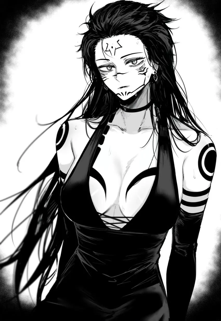 Image 1girls,breasts,breasts_out,female,female_only,long_hair,looking_at_viewer,sweat,female_focus,tattoo,huge_breasts,dress,dark_hair,sweating,feminization,jujutsu_kaisen,tattoos,manga,masoq095,ryoumen_sukuna_(jujutsu_kaisen)