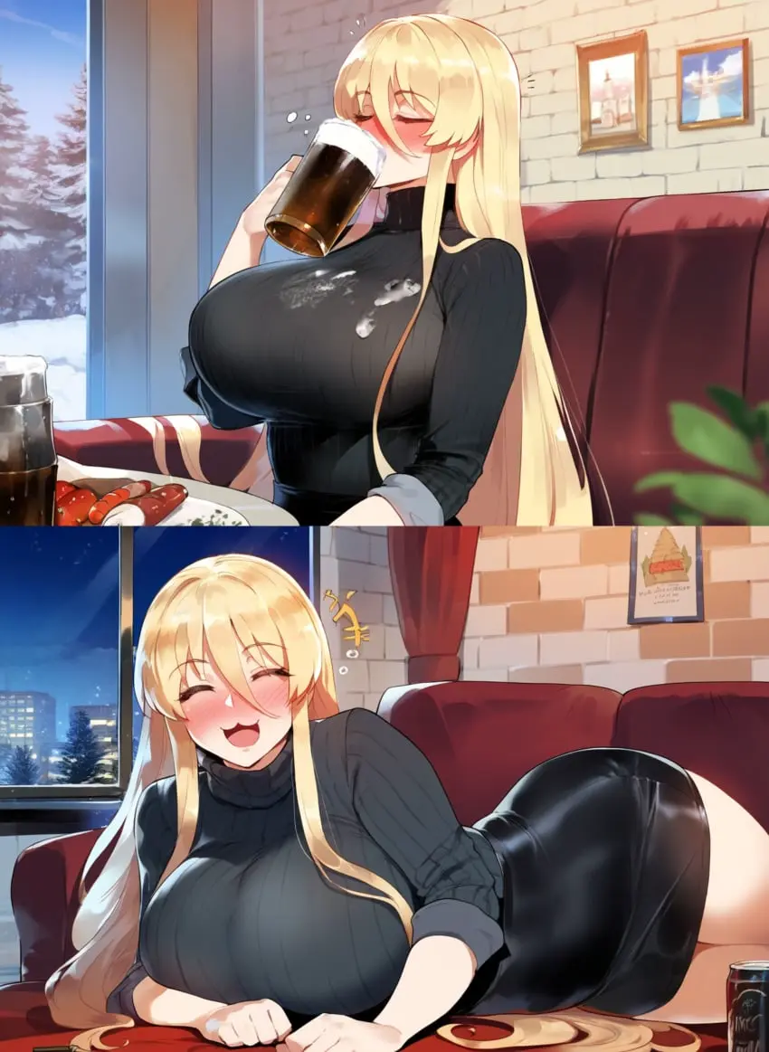 Image blush,breasts,female,thick_thighs,voluptuous,wide_hips,ai_generated,clothed_female,huge_breasts,massive_breasts,voluptuous_female,cute,azur_lane,novelai,drunk,beer,thiccwithaq_(ai_style),:3d,beer_mug,clumsy,henrik_n,bismarck_(azur_lane)