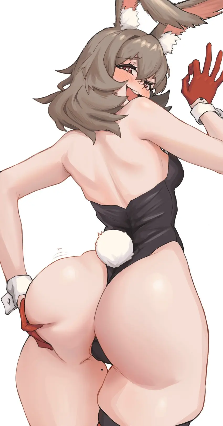 Image female,ass,looking_back,thick_thighs,wide_hips,arknights,from_behind,full-face_blush,bunny_girl,ass_focus,bunny_tail,bunnysuit,large_ass,leotard,mole_on_thigh,alternate_ass_size,naughty_smile,groping_ass,radioneet,squishing_ass,caper_(arknights),groping_own_ass