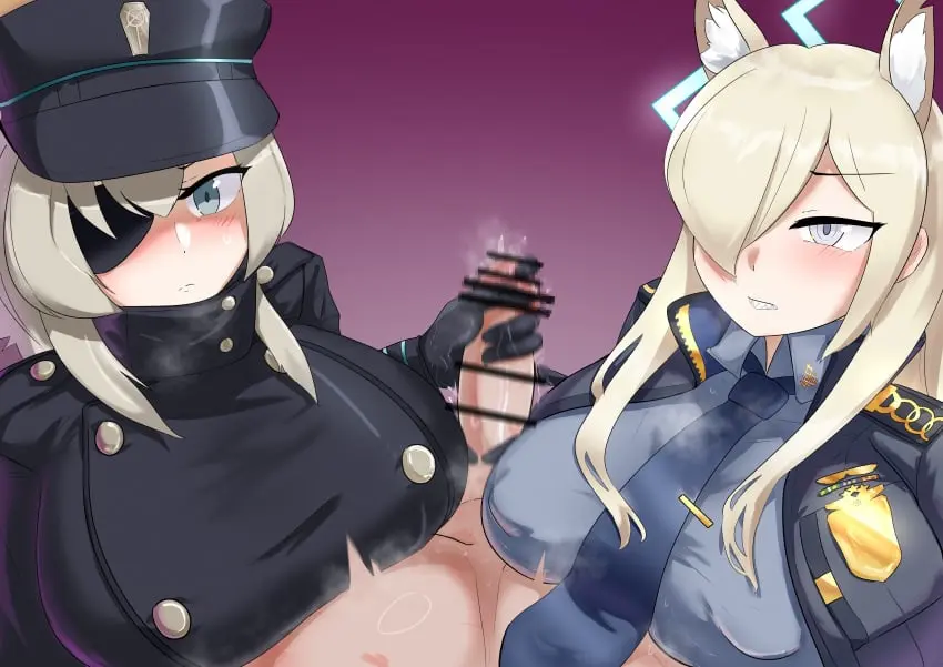 Image blush,breasts,female,light-skinned_female,light_skin,long_hair,looking_at_viewer,simple_background,1boy,2girls,animal_ears,blue_eyes,male,penis,sidelocks,blue_archive,hat,erection,huge_breasts,light-skinned_male,blonde_hair,halo,absurd_res,censored,censored_penis,pov,handjob,public,male_pov,closed_mouth,fangs,jacket,dog_ears,nipples_visible_through_clothing,uniform,hickey,police,clothed_female_nude_male,eyepatch,leaking_precum,double_handjob,police_uniform,policewoman,gloved_handjob,hair_covering_eye,kanna_(blue_archive),highlander_railroad_academy_student,highlander_supervision_office_(blue_archive),suou_(blue_archive),hickey_marks,valkyrie_police_school_student,breasts_on_chest,public_peace_bureau_(blue_archive),walesvladimir