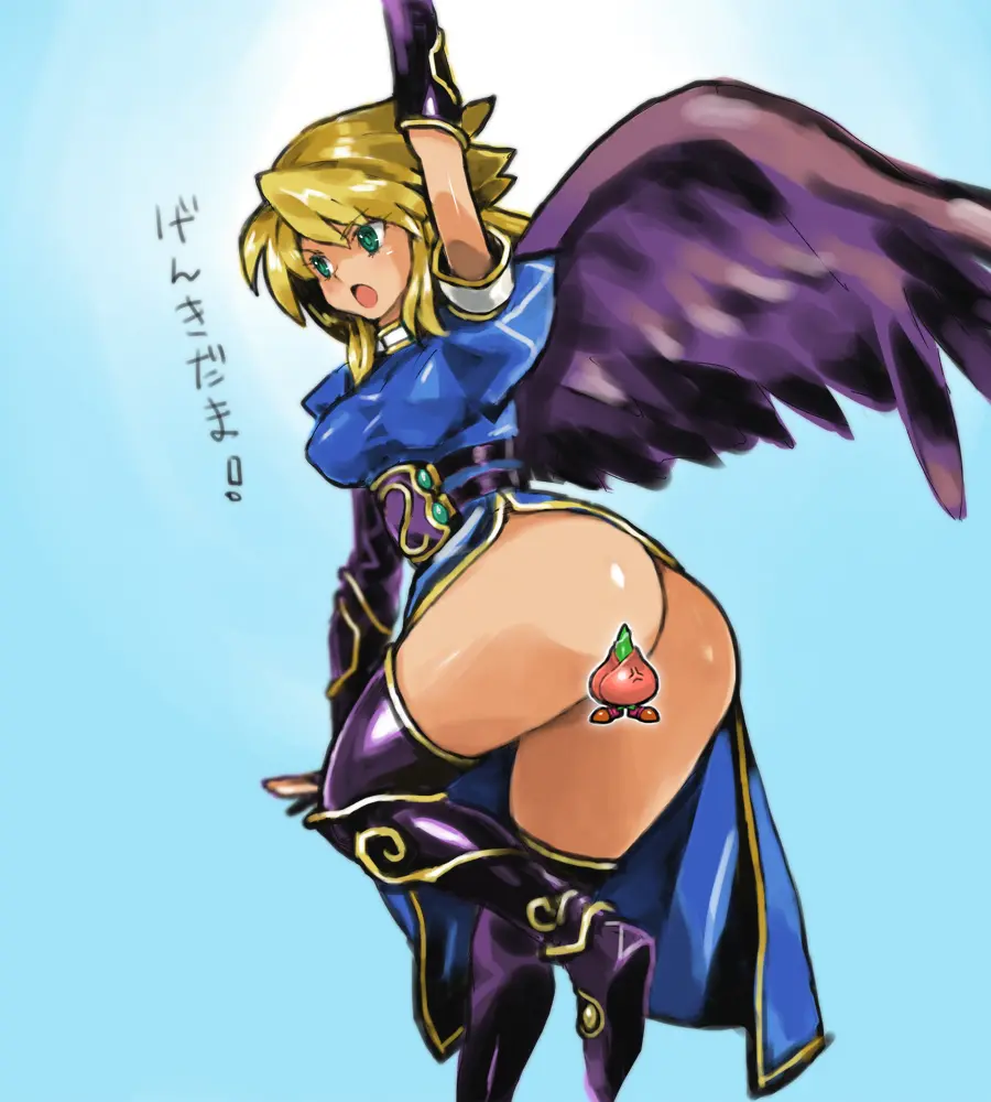 Image 1girls,breasts,clothing,female,female_only,highres,large_breasts,open_mouth,solo,elbow_gloves,gloves,thighhighs,tongue,2021,ass,big_ass,sky,angel_wings,feathered_wings,feathers,wings,text,blonde_hair,green_eyes,dress,censored,outdoors,no_panties,tight_clothing,translated,belt,japanese_text,boots,arm_up,armor,gauntlets,blue_dress,sun,bridal_gauntlets,purple_gloves,purple_wings,purple_feathers,breath_of_fire,breath_of_fire_ii,petitdry,nina_(breath_of_fire_ii)