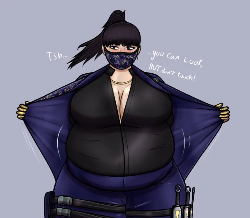 Image 1girls,breasts,clothing,female,female_only,human,solo,standing,cleavage,solo_female,huge_breasts,fully_clothed,overweight,overweight_female,obese,obese_female,rainbow_six_siege,weight_gain,azami_(rainbow_six),ladyemberr