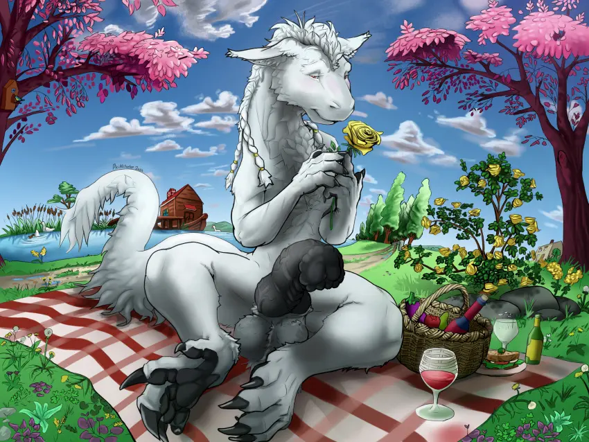 Image hi_res,solo,white_hair,male,penis,tail,feet,male_only,balls,hair,mythology,fur,genitals,paws,flower,half-erect,2024,white_body,scalie,male_focus,4_fingers,fingers,toes,animal_genitalia,animal_penis,fluffy,fluffy_tail,knot,plant,sheath,tuft,mythological_creature,dragon,mythological_scalie,detailed_background,white_fur,feral,braided_hair,equine_genitalia,felkin,equine_penis,black_penis,cherry_blossom,flared_penis,medial_ring,beverage,container,cup,5_toes,mane,white_mane,food,alcohol,wine,wine_glass,basket,glass,glass_container,glass_cup,rose_(flower),drinking_glass,sandwich_(food),picnic,picnic_basket,bicikliszelep,jaskar,balls_tuft,yellow_rose