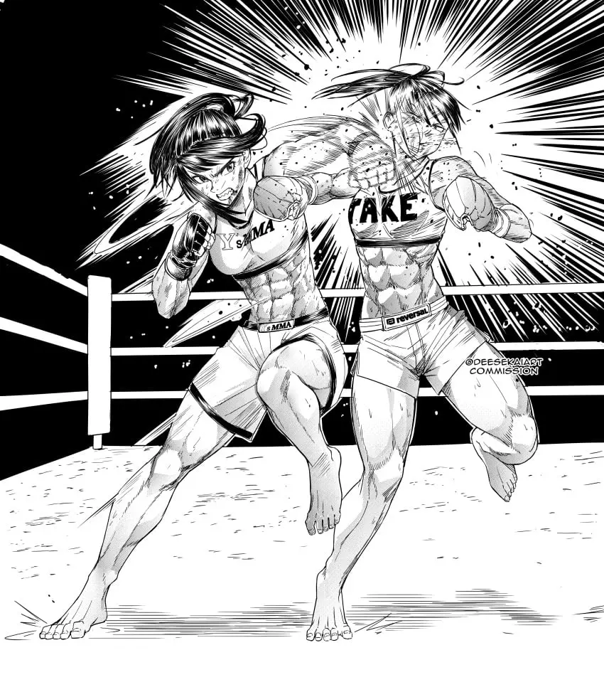 Image breasts,female,2girls,black_hair,navel,small_breasts,barefoot,ponytail,athletic,muscular,feet,sports_bra,belly_button,monochrome,fit,fit_female,abs,athletic_female,muscular_female,punching,muscles,catfight,muscular_arms,muscular_legs,muscular_thighs,muscle_girl,boxing_gloves,ryona,boxing,boxing_ring,punch,sports_shorts,attack,calf_muscles,rivals,mma,rivalry,punching_face,deesekai,ishido_natsuo,martial_master_asumi,nao_okiba,teppuu