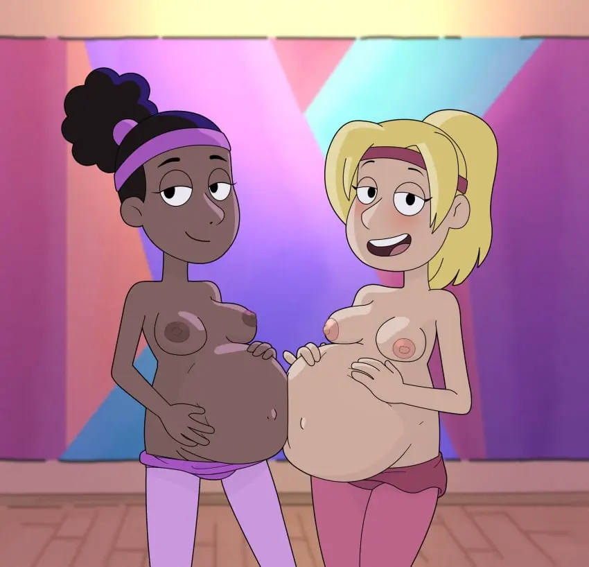 Image big_breasts,breasts,exposed_breasts,female,light-skinned_female,light_skin,long_hair,looking_at_viewer,no_bra,2girls,black_hair,dark_skin,big_belly,pregnant,pregnant_female,blonde_hair,dark-skinned_female,cartoon_network,background_characters,exposed_belly,mop_goblin,we_bare_bears