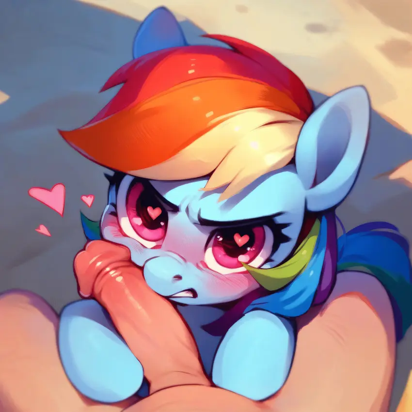 Image female,male,penis,furry,ai_generated,teeth,pink_eyes,angry,friendship_is_magic,hasbro,my_little_pony,rainbow_dash_(mlp),equine,horse,pegasus,pony,rainbow_hair